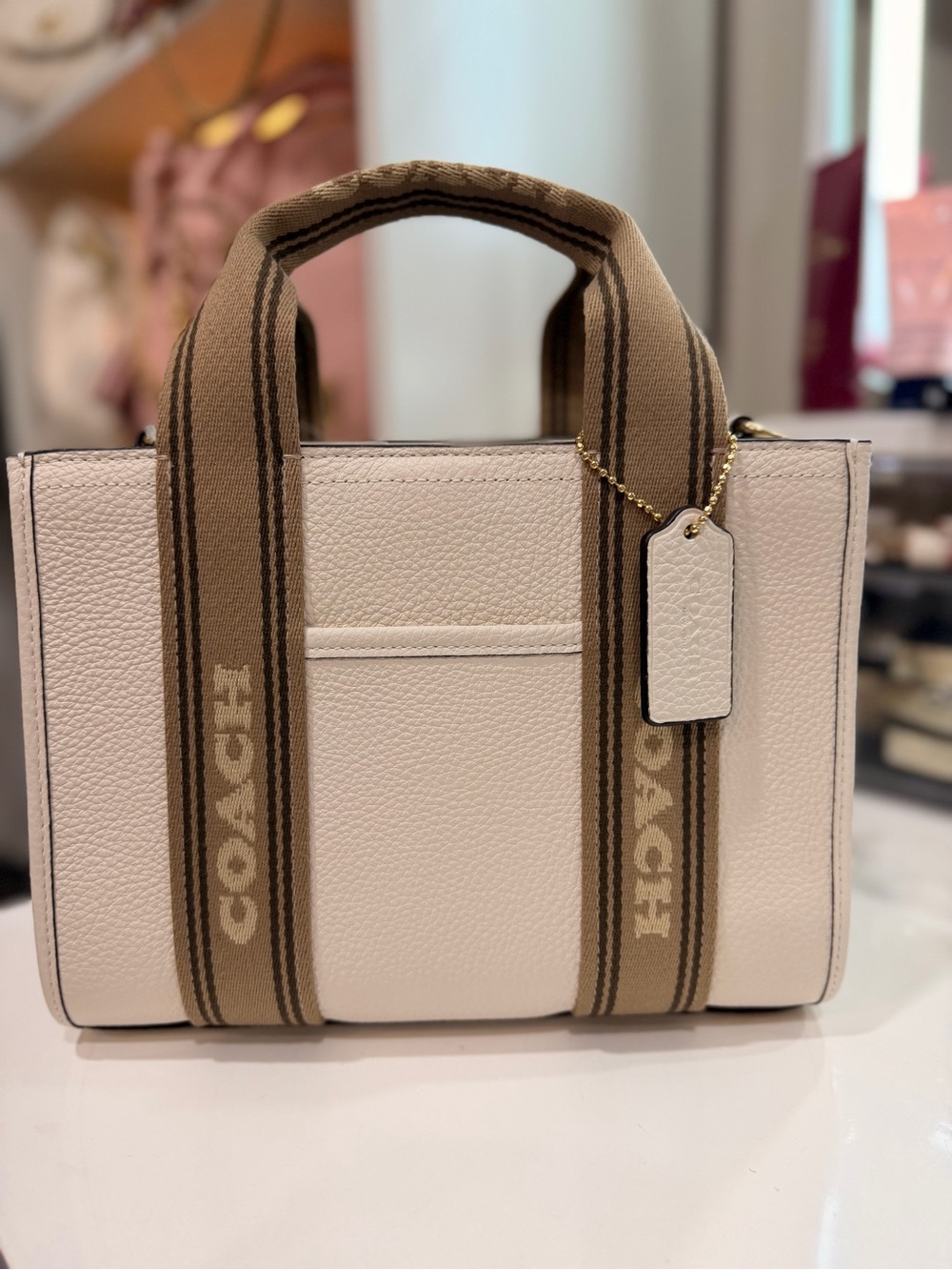 Coach Chalk and Tan Logo-Striped Pebble Leather Tote - Picture 5 of 6